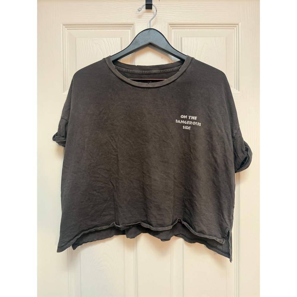 Aerie Womens Oversized Graphic Tee Charcoal Gray Cropped Raw Hem Large